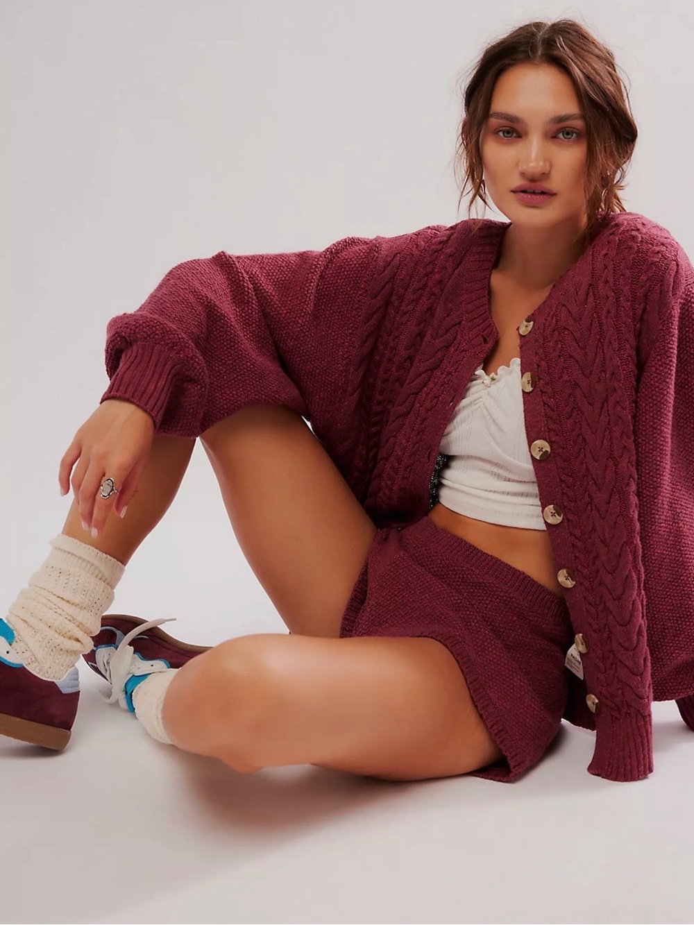 Free People Cable-Knit Button Cardigan in Berry